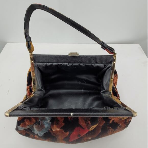 RJ Vintage 50s/60s Velvet Carpet Fabric Floral Top Handle Frame Handbag Purse - Picture 9 of 13